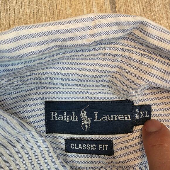Ralph Lauren XL Classic Fit Shirt Blue White Stripe Short Sleeve Polo Pony Logo - Picture 4 of 9